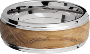 Cobalt chrome 8mm domed band with grooved edges and an inlay of Whiskey Barrel hardwood