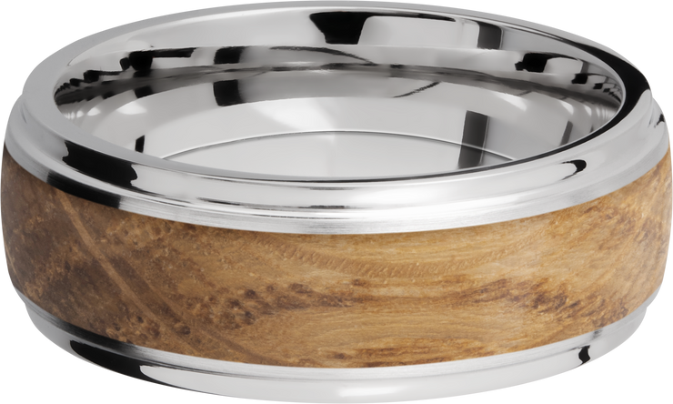 Cobalt chrome 8mm domed band with grooved edges and an inlay of Whiskey Barrel hardwood