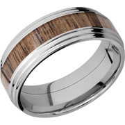Cobalt chrome 8mm flat band with two stepped edges and an inlay of Walnut hardwood