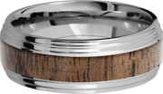 Cobalt chrome 8mm flat band with two stepped edges and an inlay of Walnut hardwood