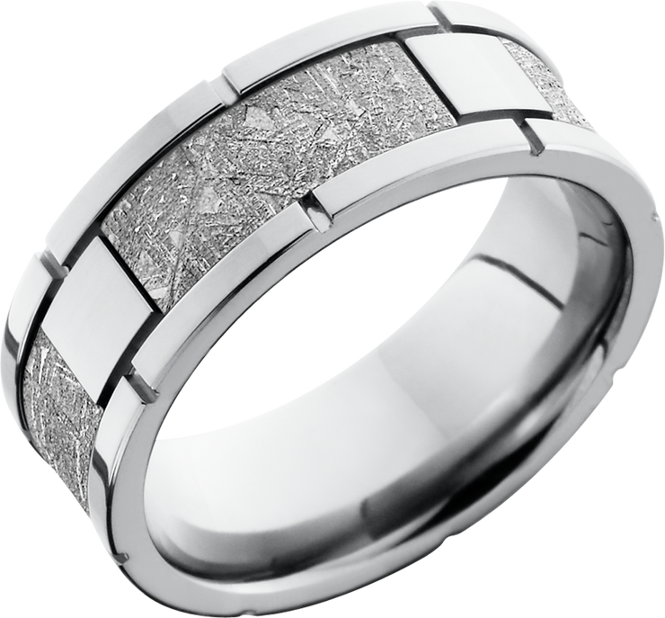 Cobalt chrome 8mm flat band with four segments in an inlay of authentic Gibeon Meteorite