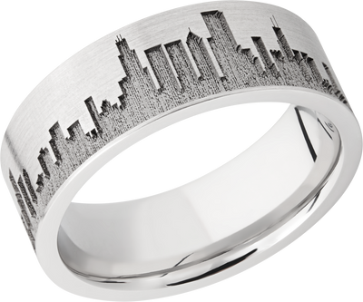 Cobalt chrome 8mm flat band with laser-carved Chicago skyline