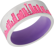 Cobalt chrome 8mm flat band with a laser-carved New York skyline featuring Pink Cerakote in the recessed pattern and Bright Purple Cerakote on the sleeve