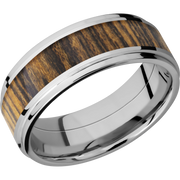 Cobalt chrome 8mm flat band with grooved edges and an inlay of Bocote hardwood
