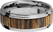 Cobalt chrome 8mm flat band with grooved edges and an inlay of Bocote hardwood