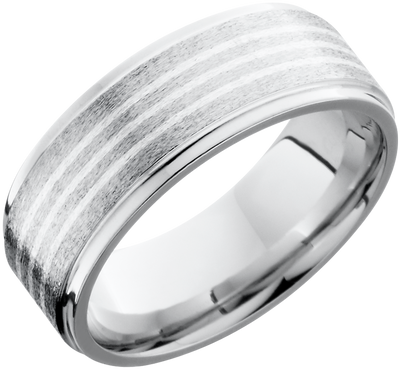 Cobalt chrome 8mm flat band with grooved edges featuring 3, .5mm inlays of sterling silver