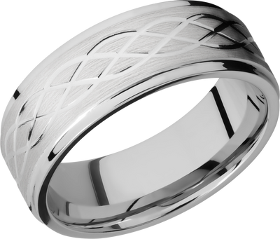 Cobalt chrome 8mm flat band with grooved edges and 3, .5mm sterling silver inlays