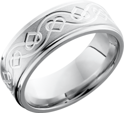 Cobalt chrome 8mm flat band with grooved edges and a laser-carved Celtic heart pattern