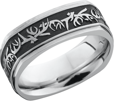 Cobalt chrome 8mm flat square band with a laser-carved antler pattern