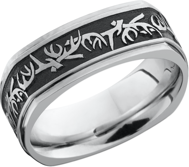 Cobalt chrome 8mm flat square band with a laser-carved antler pattern