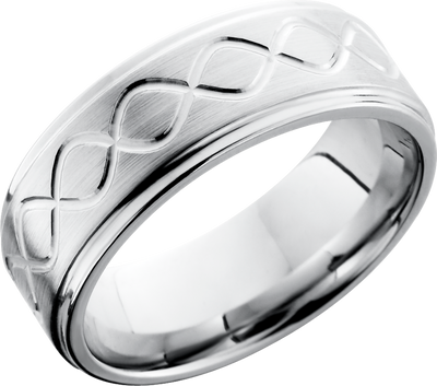Cobalt chrome 8mm flat band with grooved edges and a laser-carved infinity pattern