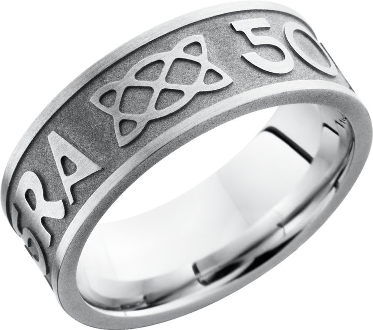 Cobalt chrome 8mm flat band with a laser-carved pattern