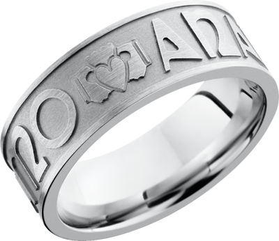 Cobalt chrome 8mm flat band with a laser-carved pattern