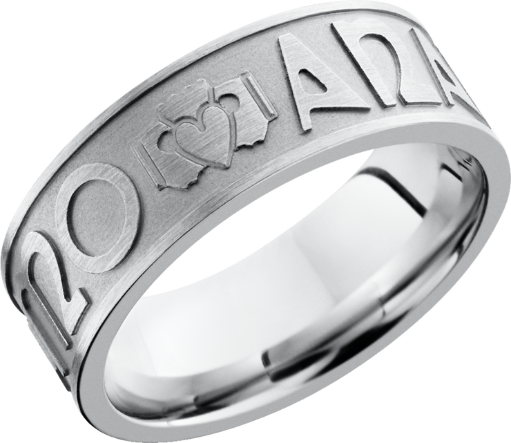 Cobalt chrome 8mm flat band with a laser-carved pattern