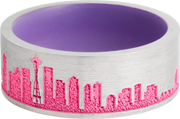 Cobalt chrome 8mm flat band with a laser-carved New York skyline featuring Pink Cerakote in the recessed pattern and Bright Purple Cerakote on the sleeve