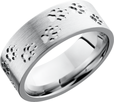 Cobalt chrome 8mm flat band with a laser-carved wolf track pattern