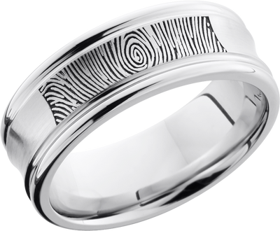 Cobalt chrome 8mm concave band with rounded edges and a laser-carved fingerprint
