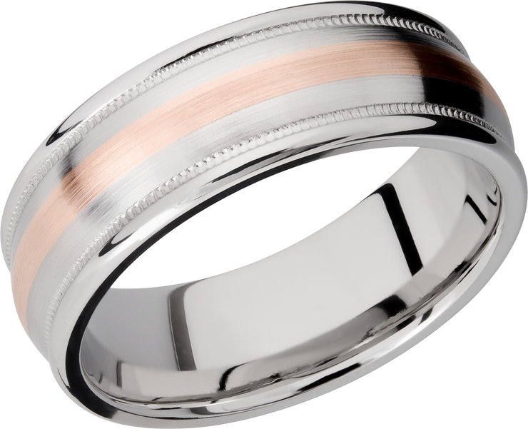 Cobalt chrome 8mm domed band with rounded edges and 14K rose gold inlays in reverse milgrain