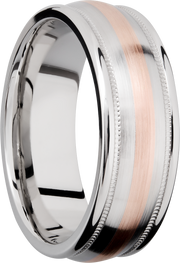 Cobalt chrome 8mm domed band with rounded edges and 14K rose gold inlays in reverse milgrain