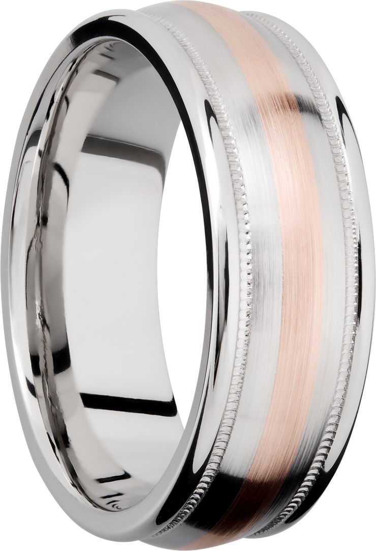 Cobalt chrome 8mm domed band with rounded edges and 14K rose gold inlays in reverse milgrain