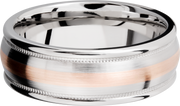 Cobalt chrome 8mm domed band with rounded edges and 14K rose gold inlays in reverse milgrain
