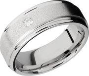 Cobalt chrome 8mm flat band with rounded edges and a .07ct flush-set diamond