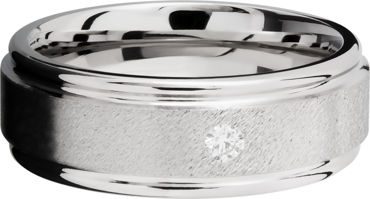 Cobalt chrome 8mm flat band with rounded edges and a .07ct flush-set diamond