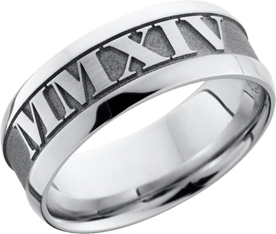 Cobalt chrome 8mm band with a reverse laser-carving of roman numerals
