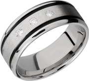 Cobalt chrome 9mm beveled band with black Cerakote in grooves and 3, .05ct flush-set diamonds