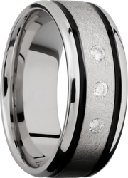 Cobalt chrome 9mm beveled band with black Cerakote in grooves and 3, .05ct flush-set diamonds