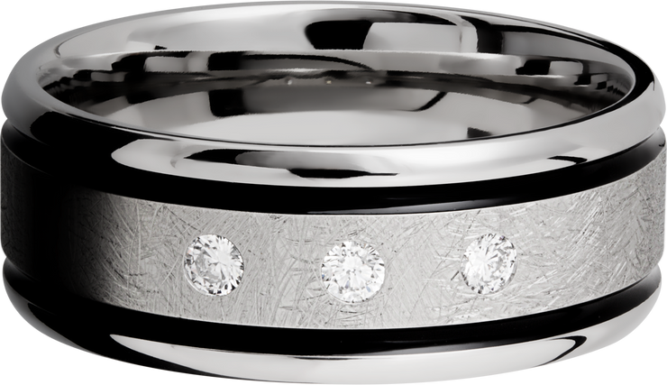 Cobalt chrome 9mm beveled band with black Cerakote in grooves and 3, .05ct flush-set diamonds