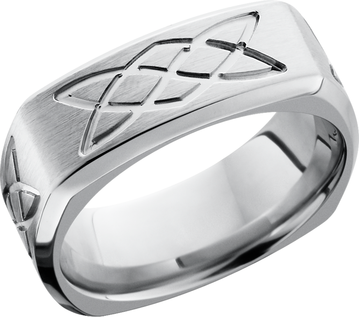 Cobalt chrome 9mm domed square band with a laser-carved lovers knot pattern