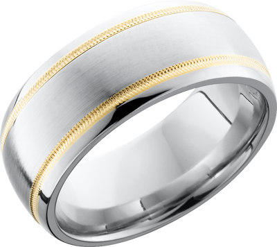 Cobalt chrome 9mm domed band with 2, 1mm inlays of 14K yellow gold in reverse milgrain