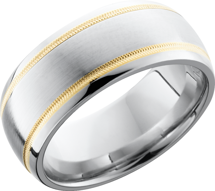 Cobalt chrome 9mm domed band with 2, 1mm inlays of 14K yellow gold in reverse milgrain