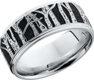 Cobalt chrome 9mm flat band with grooved edges featuring a laser-carved aspen treeline pattern