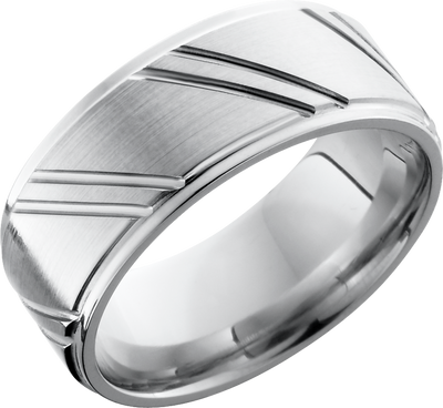 Cobalt chrome 9mm flat band with grooved edges and laser-carved stripes