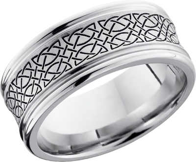 Cobalt chrome 9mm concave band with rounded edges and a laser-carved Celtic pattern