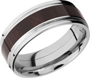 Cobalt chrome 8mm flat band with grooved edges, reverse milgrain detail and an inlay of Wenge hardwood