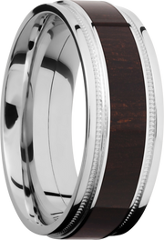 Cobalt chrome 8mm flat band with grooved edges, reverse milgrain detail and an inlay of Wenge hardwood