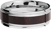 Cobalt chrome 8mm flat band with grooved edges, reverse milgrain detail and an inlay of Wenge hardwood