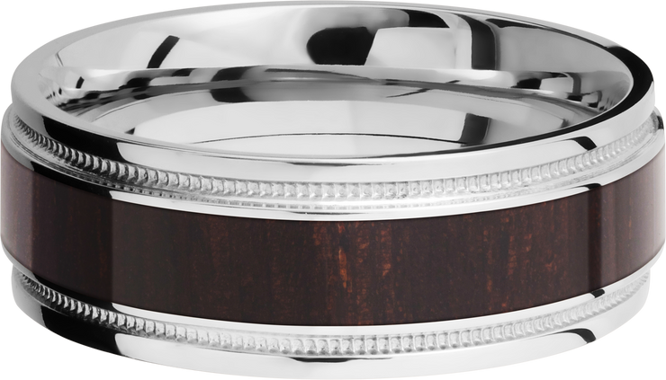 Cobalt chrome 8mm flat band with grooved edges, reverse milgrain detail and an inlay of Wenge hardwood