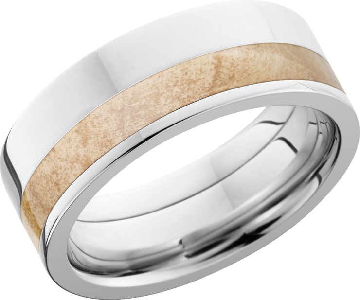 Cobalt chrome 9mm flat band with an off-center inlay of Boxelder Burl hardwood