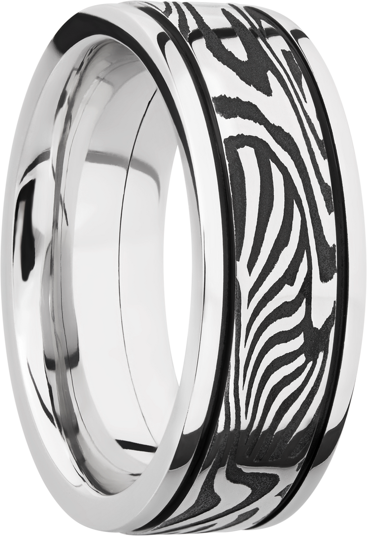 Cobalt chrome 8mm flat band with an inlay of handmade sunset Damascus steel accented with MGA on either side