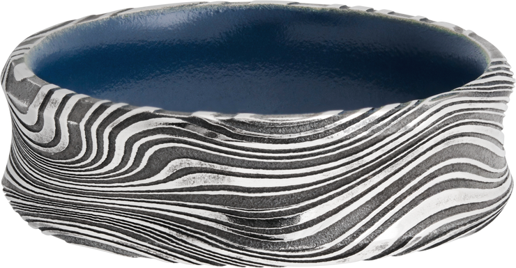 Marble Damascus steel 7mm concave band with beveled edges and a Sky Blue Cerakote sleeve
