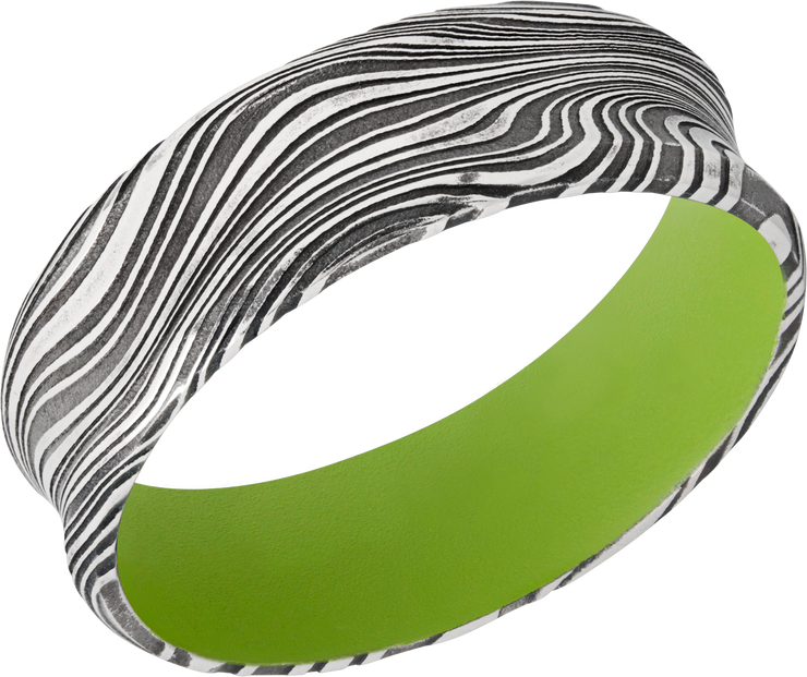 Marble Damascus steel 7mm concave band with beveled edges and a Zombie Green Cerakote sleeve