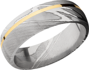 Handmade 7mm Damascus steel band with an off center inlay of 14K yellow gold
