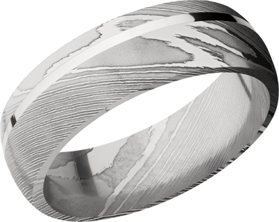 Handmade 7mm Damascus steel band with an off center inlay of sterling silver