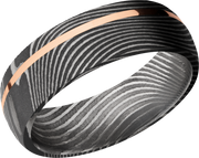 Handmade 7mm flattwist Damascus steel band with an off center inlay of 14K rose gold