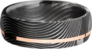 Handmade 7mm flattwist Damascus steel band with an off center inlay of 14K rose gold
