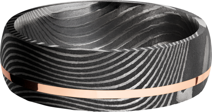 Handmade 7mm flattwist Damascus steel band with an off center inlay of 14K rose gold